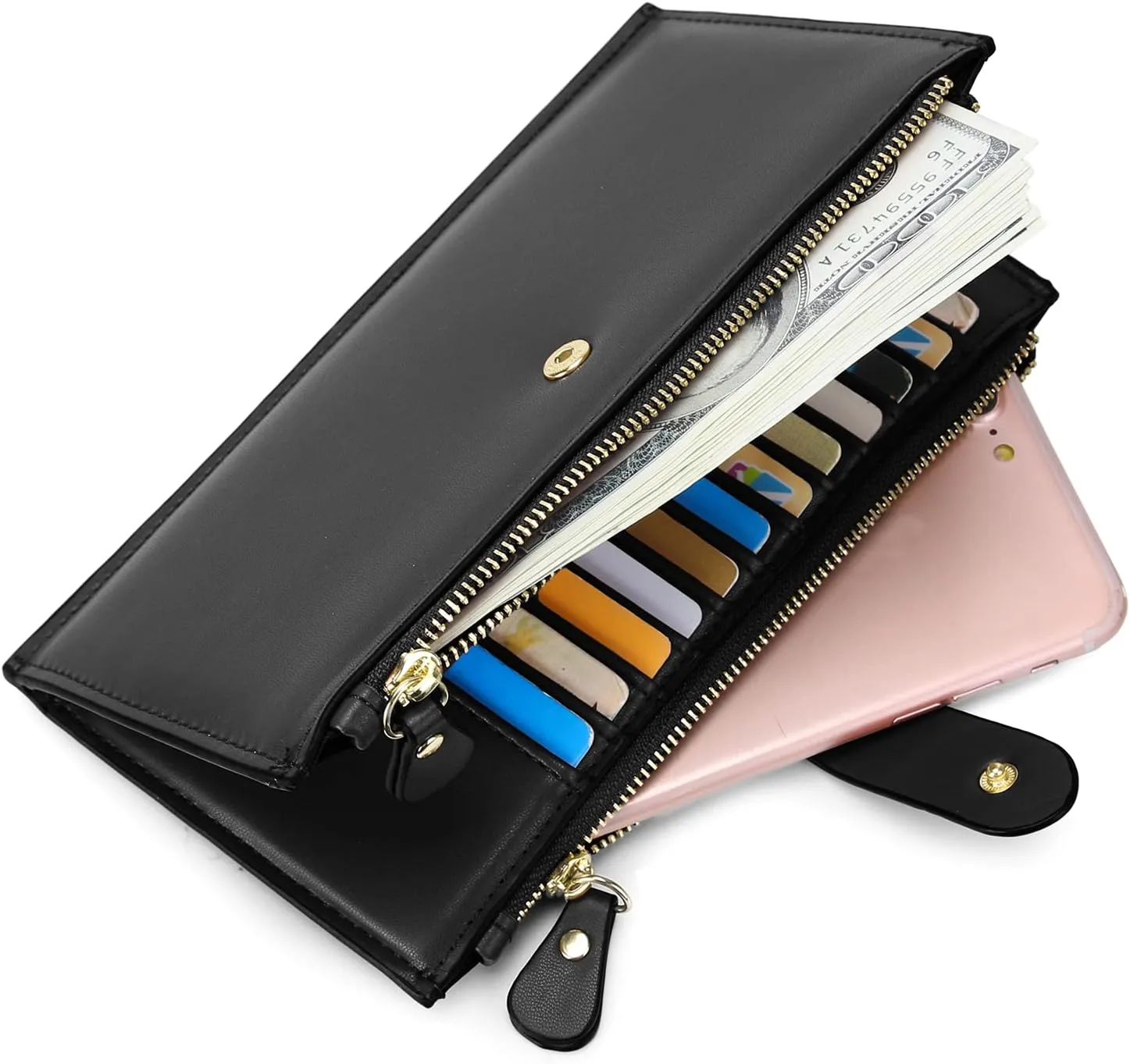 YALUXE Leather Wallets for Women Double Zipper Pockets Phone Holder 22 Card Slots Organizer Billfold with ID Window