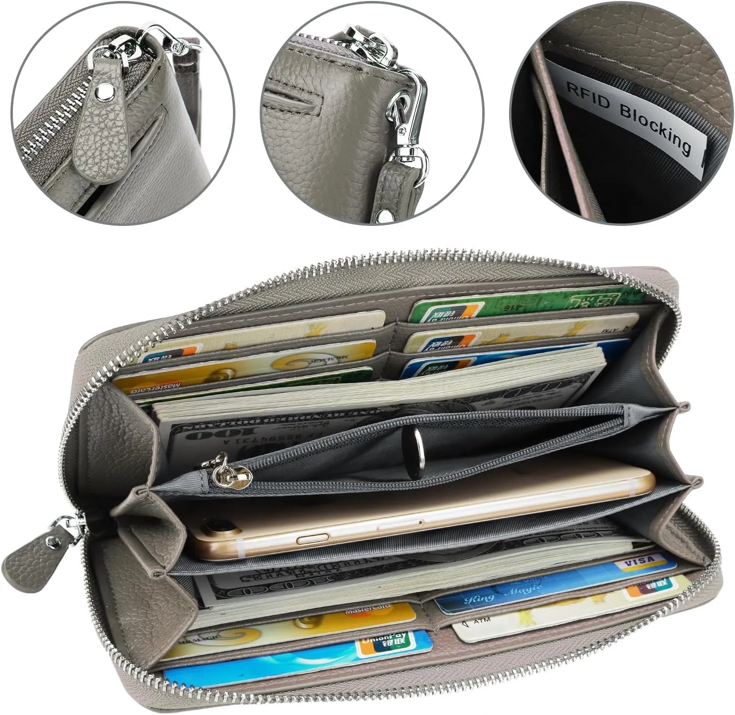 YALUXE Real Leather Zip Around Wallets for Women Wristlet Handbag Cell Phone Purse Card Holder RFID Blocking Protection