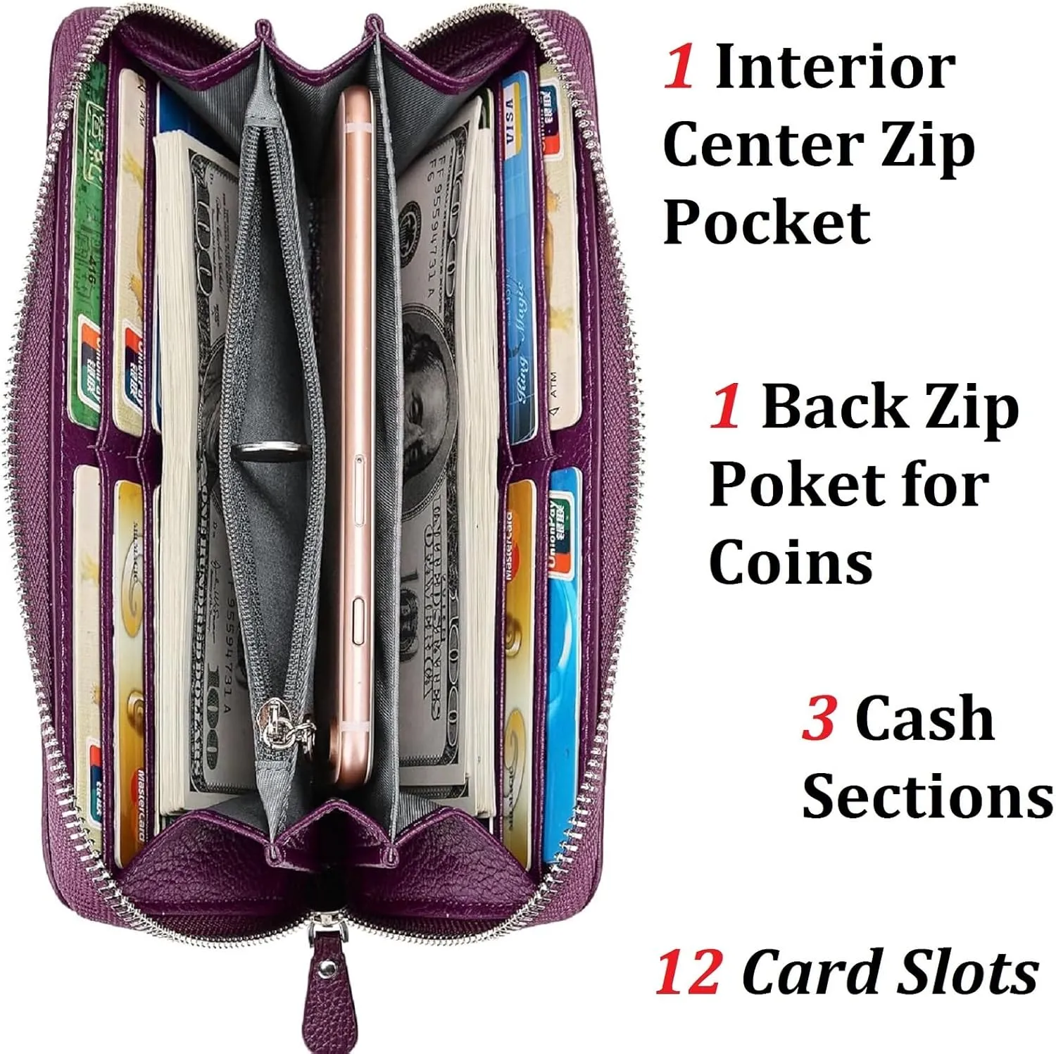 YALUXE Real Leather Zip Around Wallets for Women Wristlet Handbag Cell Phone Purse Card Holder RFID Blocking Protection