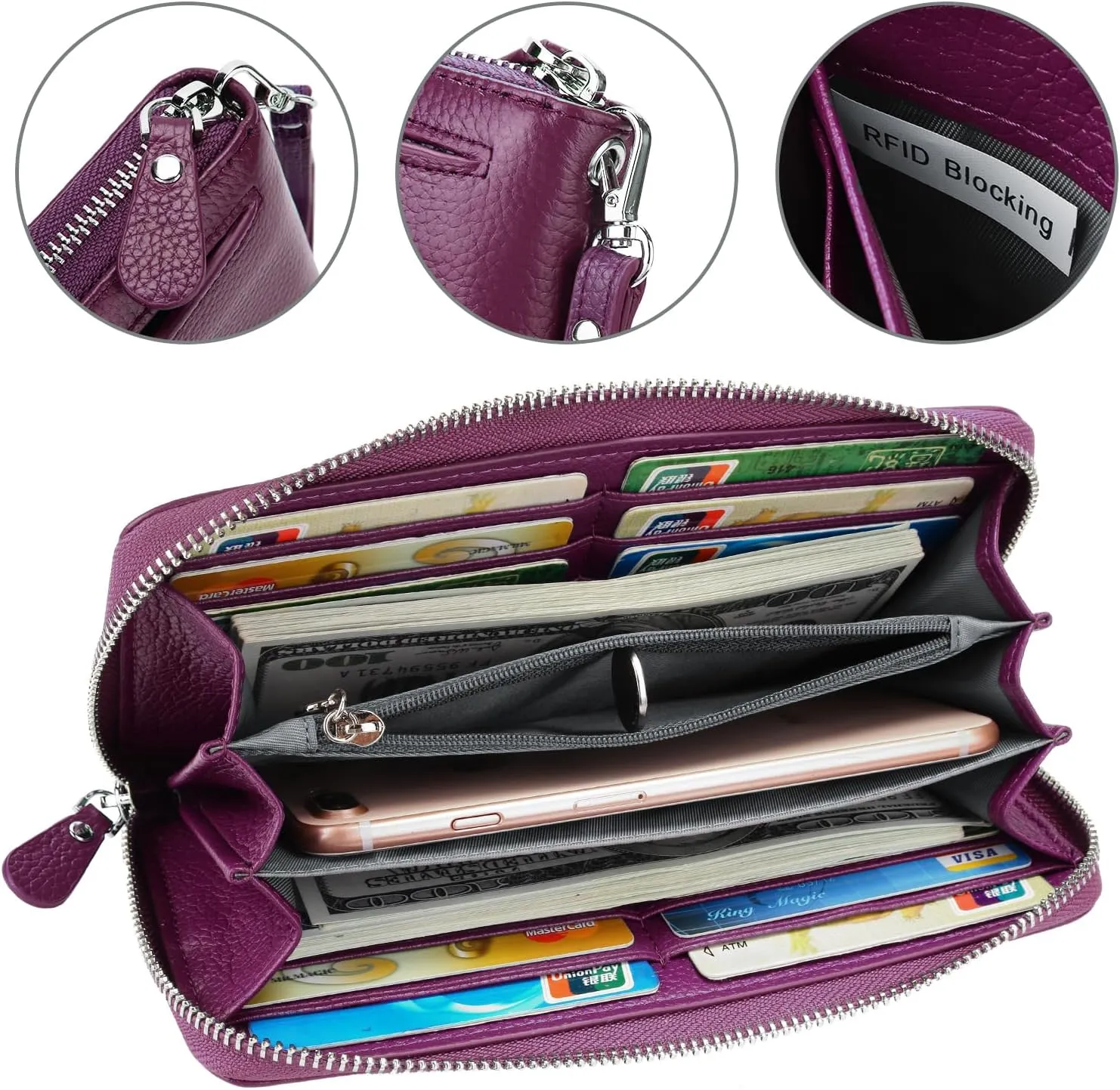 YALUXE Real Leather Zip Around Wallets for Women Wristlet Handbag Cell Phone Purse Card Holder RFID Blocking Protection