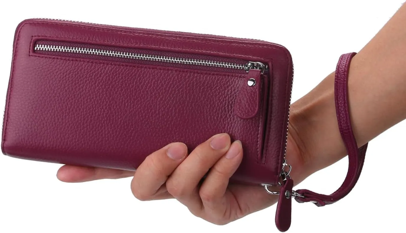 YALUXE Real Leather Zip Around Wallets for Women Wristlet Handbag Cell Phone Purse Card Holder RFID Blocking Protection