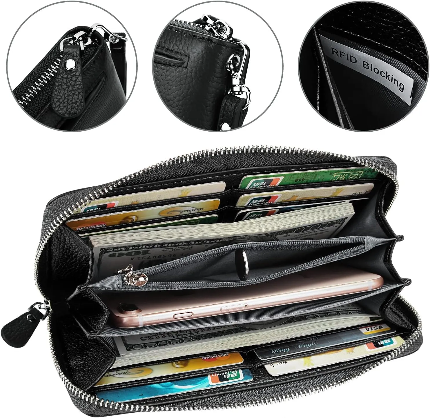 YALUXE Real Leather Zip Around Wallets for Women Wristlet Handbag Cell Phone Purse Card Holder RFID Blocking Protection