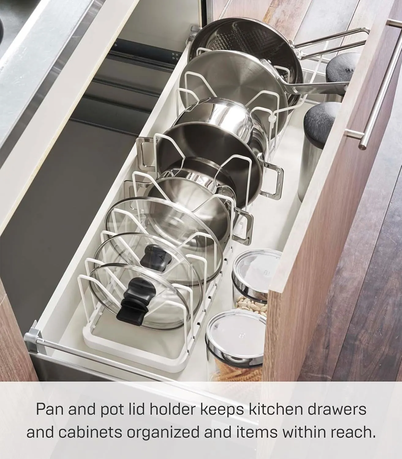 YAMAZAKI home 3840 Adjustable Lid & Pan Organizer-Kitchen Drawer Storage Shelf Rack, One Size, White