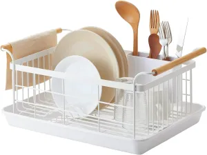 Yamazaki Home Dish Rack with Removeable Drainer Tray, Kitchen Counter Dish Drying Organizer Holder Steel   Wood One Size White