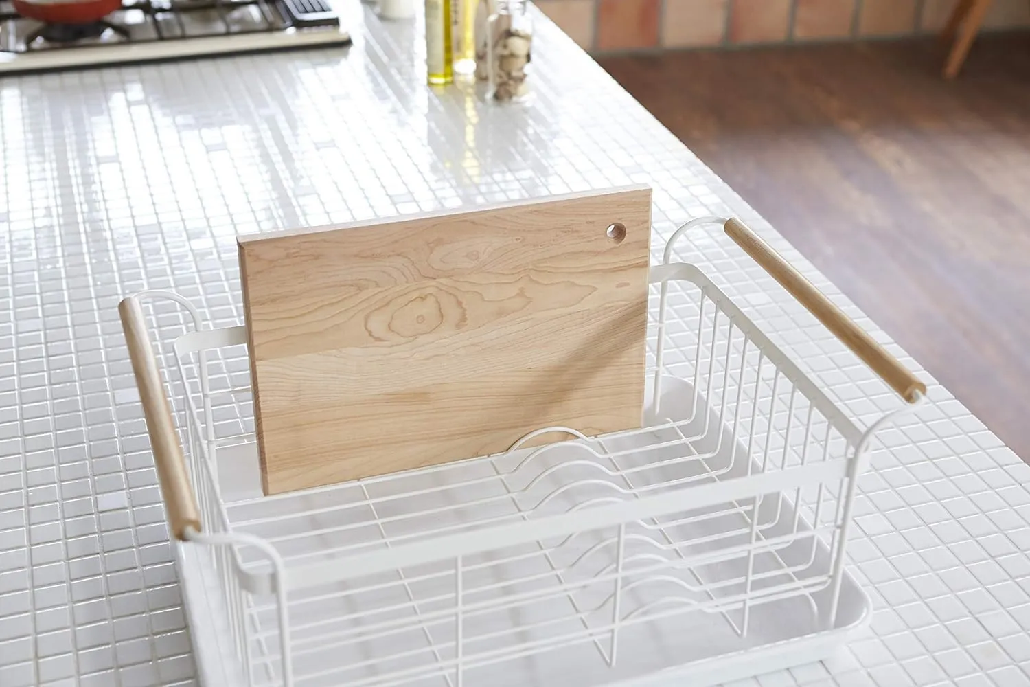 Yamazaki Home Dish Rack with Removeable Drainer Tray, Kitchen Counter Dish Drying Organizer Holder Steel   Wood One Size White