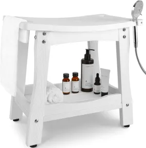 Y&M 2-Tier Bathroom Bench Shower with Waterproof Storage Shelf, HDPE Towel & Shower Head Shelves Curved Seat, Small Tub Chair for Shaving Legs Foot Stool, Bath, Spa, Indoor or Outdoor Use, White