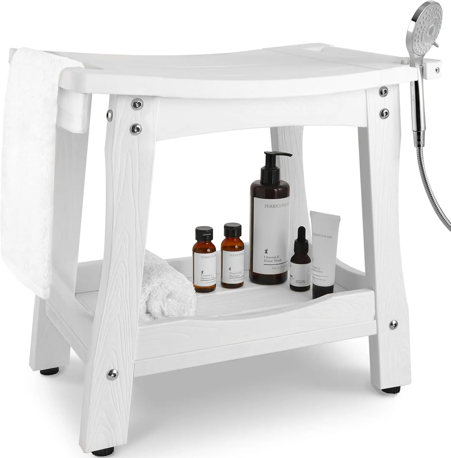 Y&M 2-Tier Bathroom Bench Shower with Waterproof Storage Shelf, HDPE Towel & Shower Head Shelves Curved Seat, Small Tub Chair for Shaving Legs Foot Stool, Bath, Spa, Indoor or Outdoor Use, White