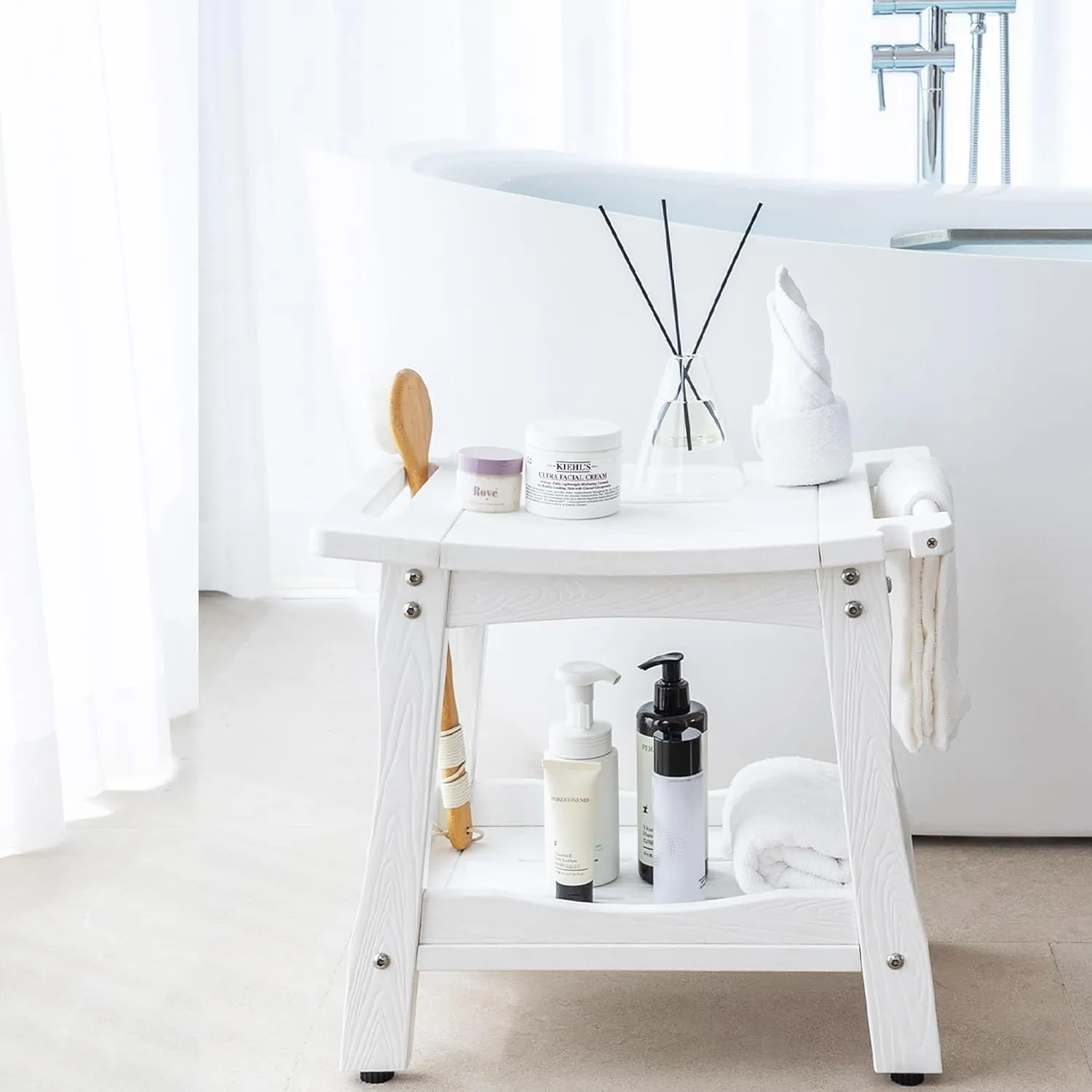Y&M 2-Tier Bathroom Bench Shower with Waterproof Storage Shelf, HDPE Towel & Shower Head Shelves Curved Seat, Small Tub Chair for Shaving Legs Foot Stool, Bath, Spa, Indoor or Outdoor Use, White