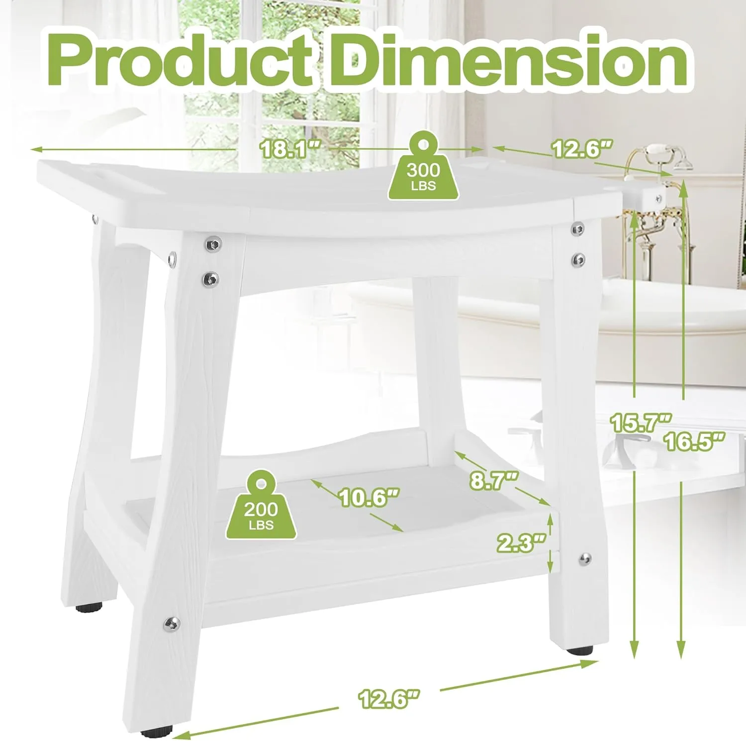 Y&M 2-Tier Bathroom Bench Shower with Waterproof Storage Shelf, HDPE Towel & Shower Head Shelves Curved Seat, Small Tub Chair for Shaving Legs Foot Stool, Bath, Spa, Indoor or Outdoor Use, White