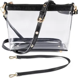 Y&R Direct 3-IN-1 Clear Zipper Crossbody Bag with Vegan Leather Trim Clear Purse for Stadium Festival Concert Gameday Gifts
