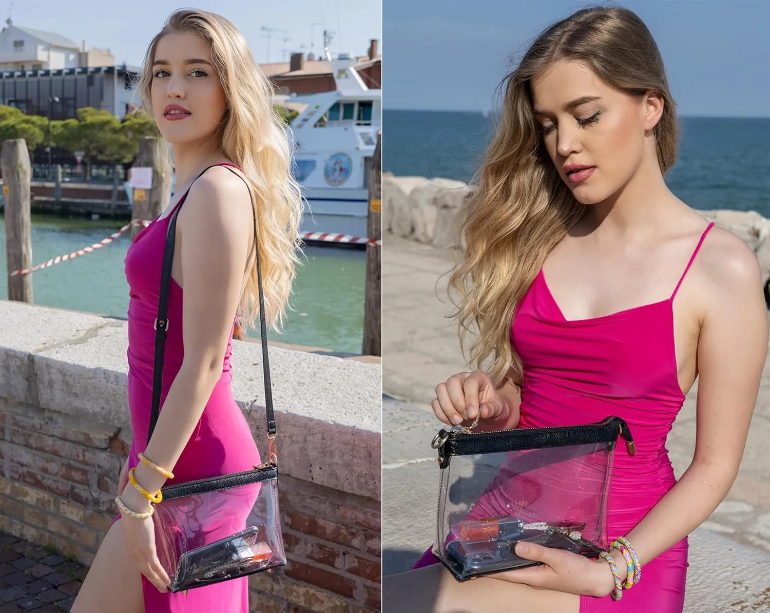 Y&R Direct 3-IN-1 Clear Zipper Crossbody Bag with Vegan Leather Trim Clear Purse for Stadium Festival Concert Gameday Gifts