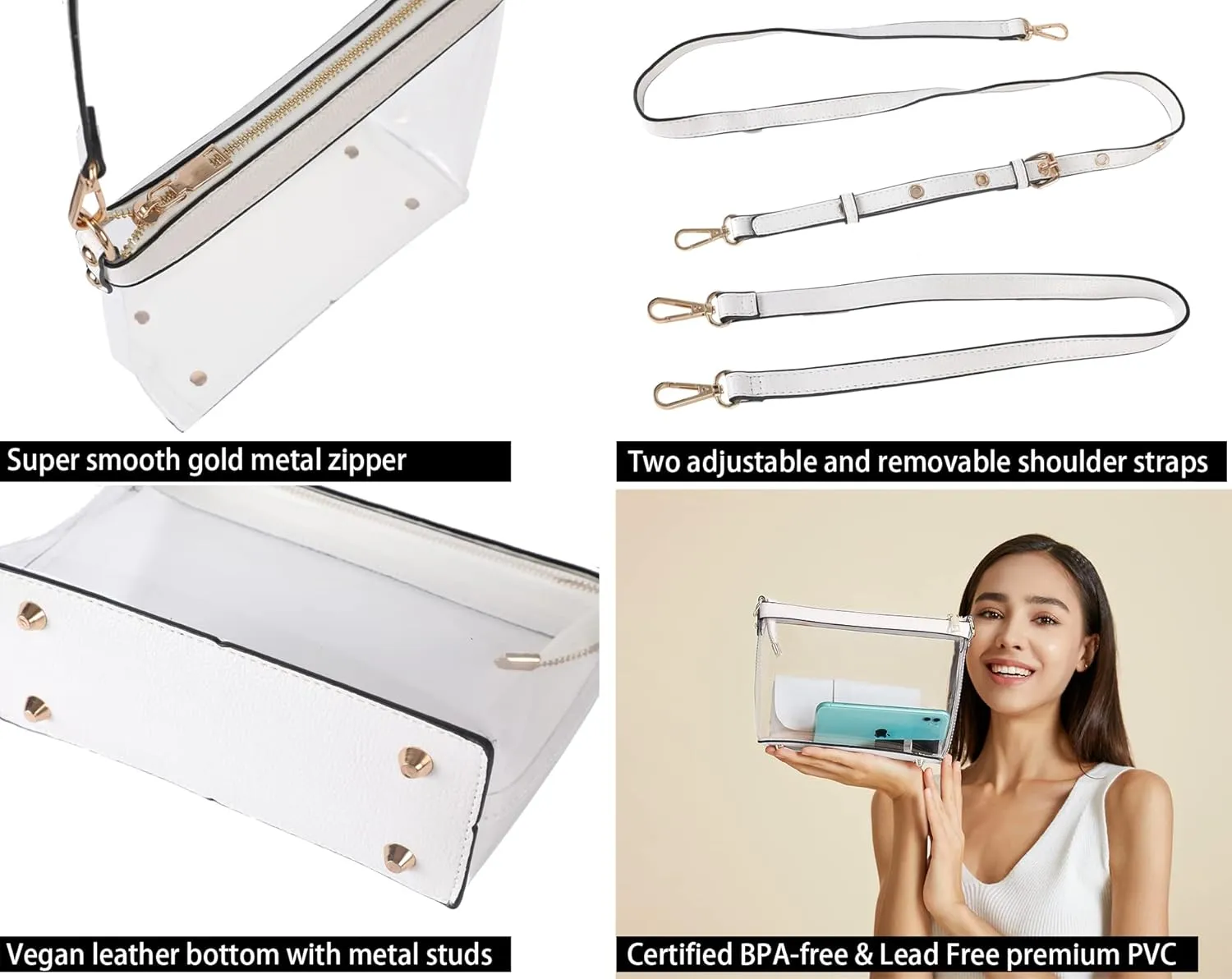 Y&R Direct 3-IN-1 Clear Zipper Crossbody Bag with Vegan Leather Trim Clear Purse for Stadium Festival Concert Gameday Gifts