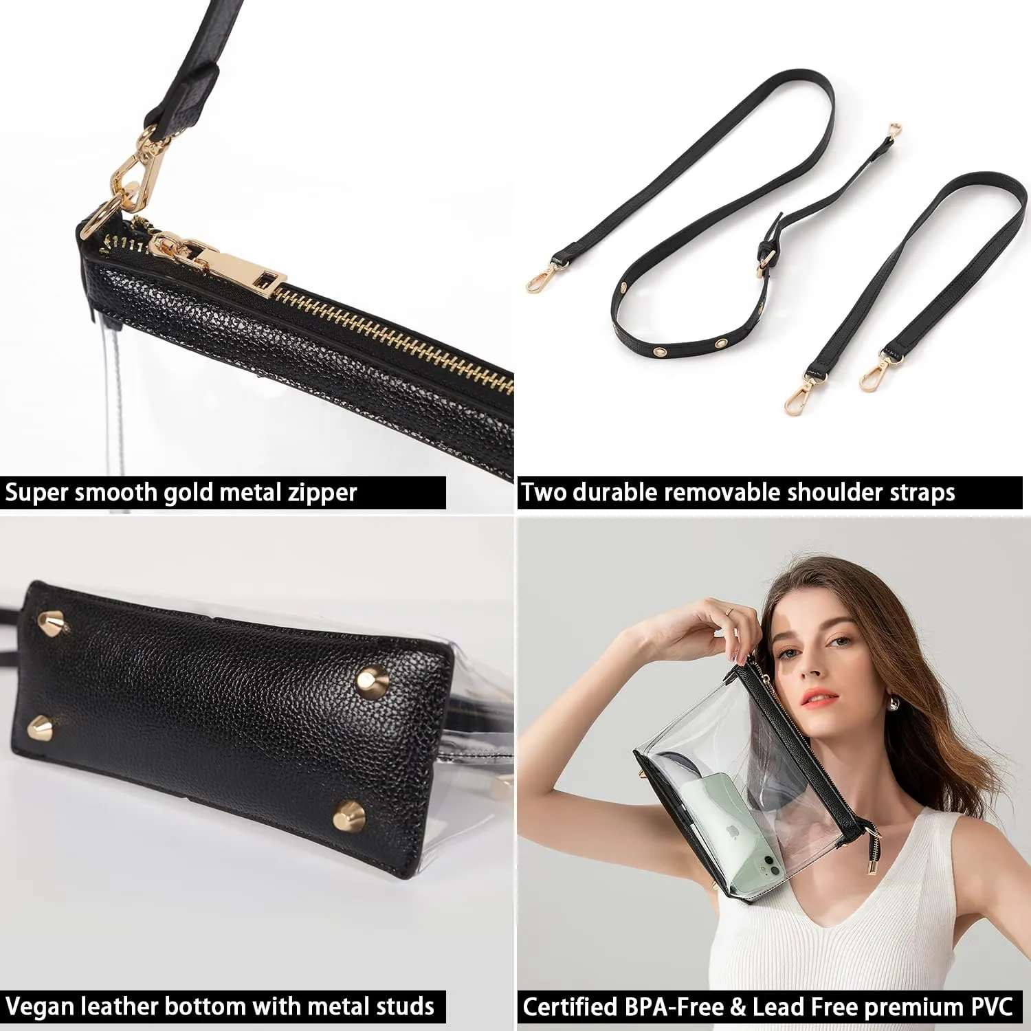 Y&R Direct 3-IN-1 Clear Zipper Crossbody Bag with Vegan Leather Trim Clear Purse for Stadium Festival Concert Gameday Gifts