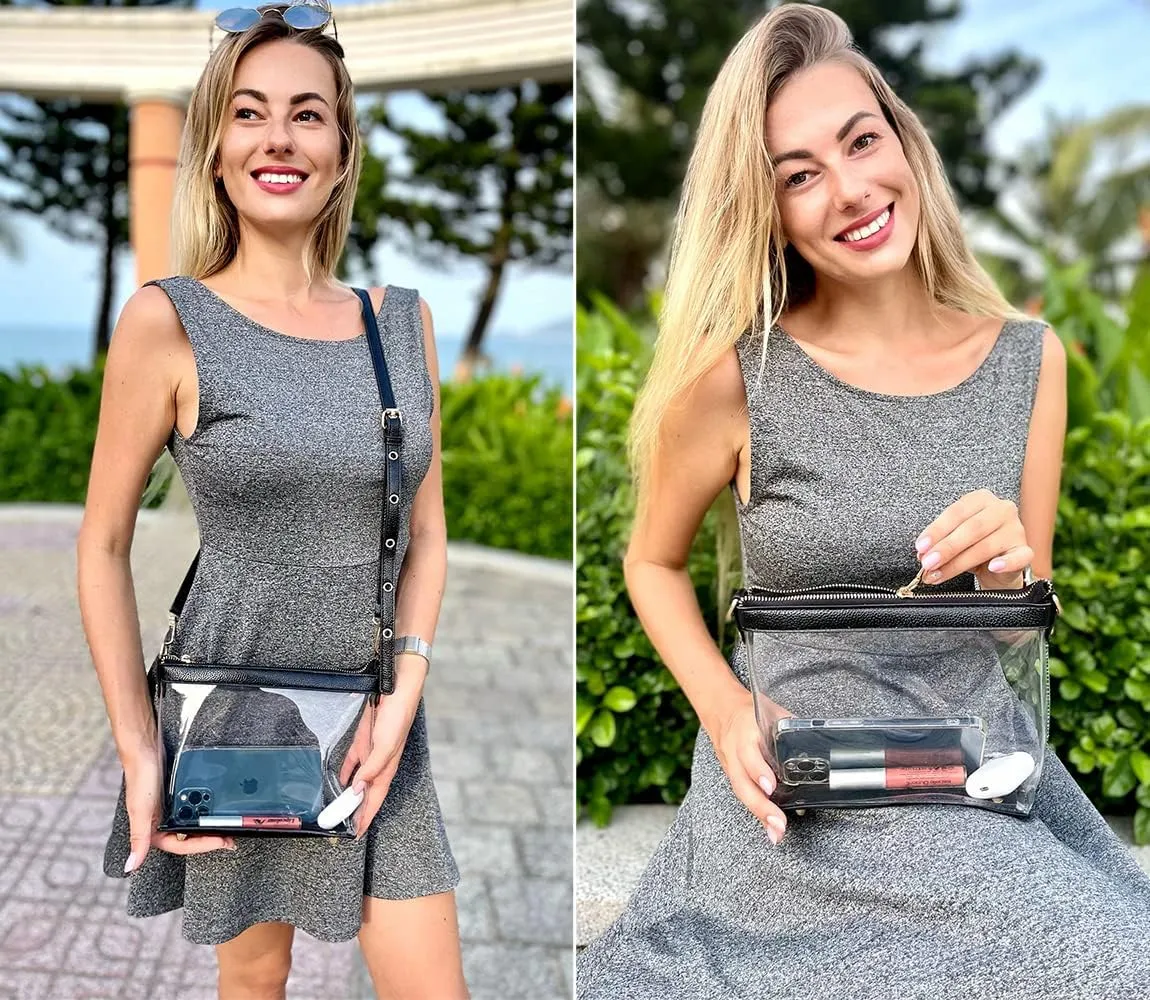 Y&R Direct 3-IN-1 Clear Zipper Crossbody Bag with Vegan Leather Trim Clear Purse for Stadium Festival Concert Gameday Gifts