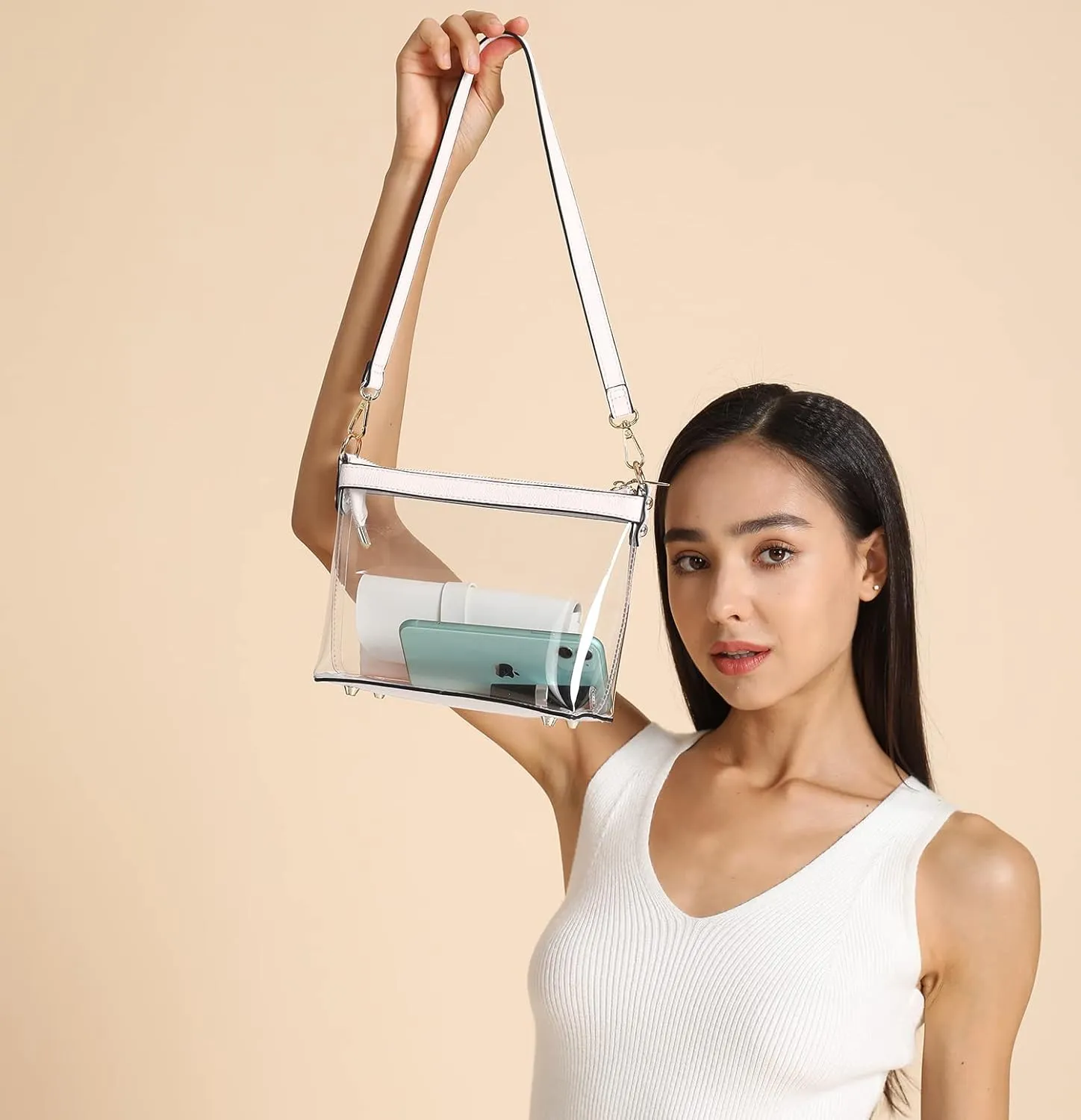 Y&R Direct 3-IN-1 Clear Zipper Crossbody Bag with Vegan Leather Trim Clear Purse for Stadium Festival Concert Gameday Gifts