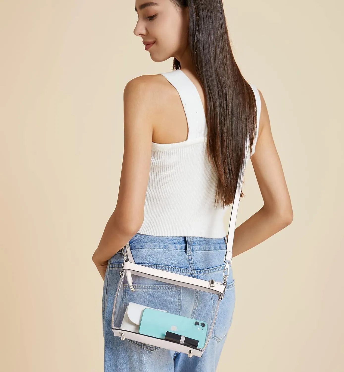 Y&R Direct 3-IN-1 Clear Zipper Crossbody Bag with Vegan Leather Trim Clear Purse for Stadium Festival Concert Gameday Gifts