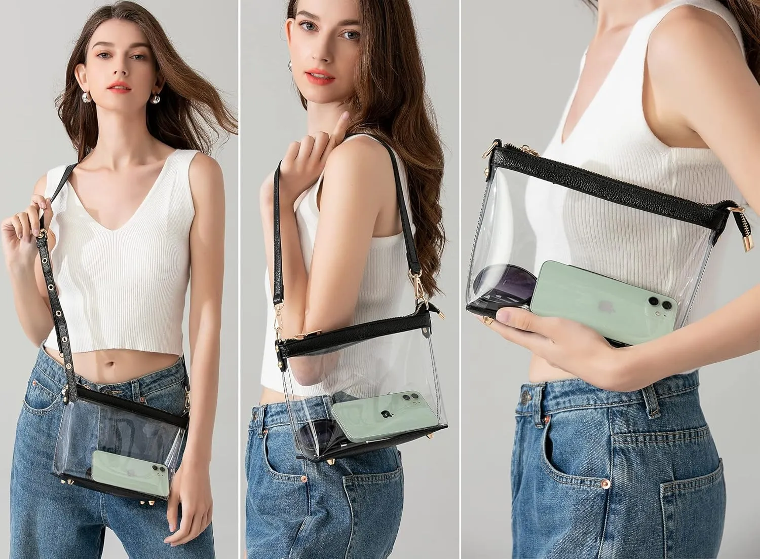 Y&R Direct 3-IN-1 Clear Zipper Crossbody Bag with Vegan Leather Trim Clear Purse for Stadium Festival Concert Gameday Gifts