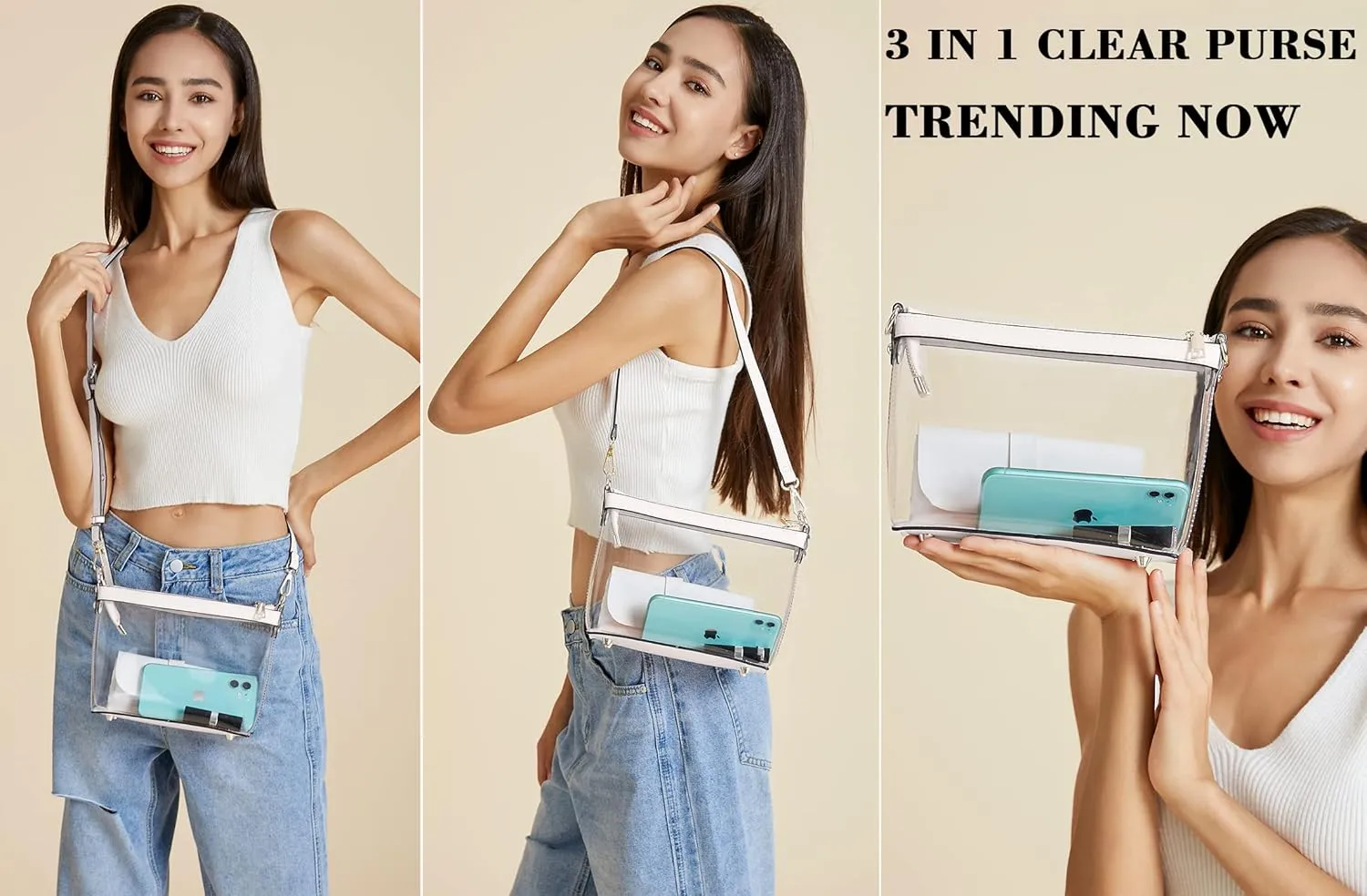 Y&R Direct 3-IN-1 Clear Zipper Crossbody Bag with Vegan Leather Trim Clear Purse for Stadium Festival Concert Gameday Gifts