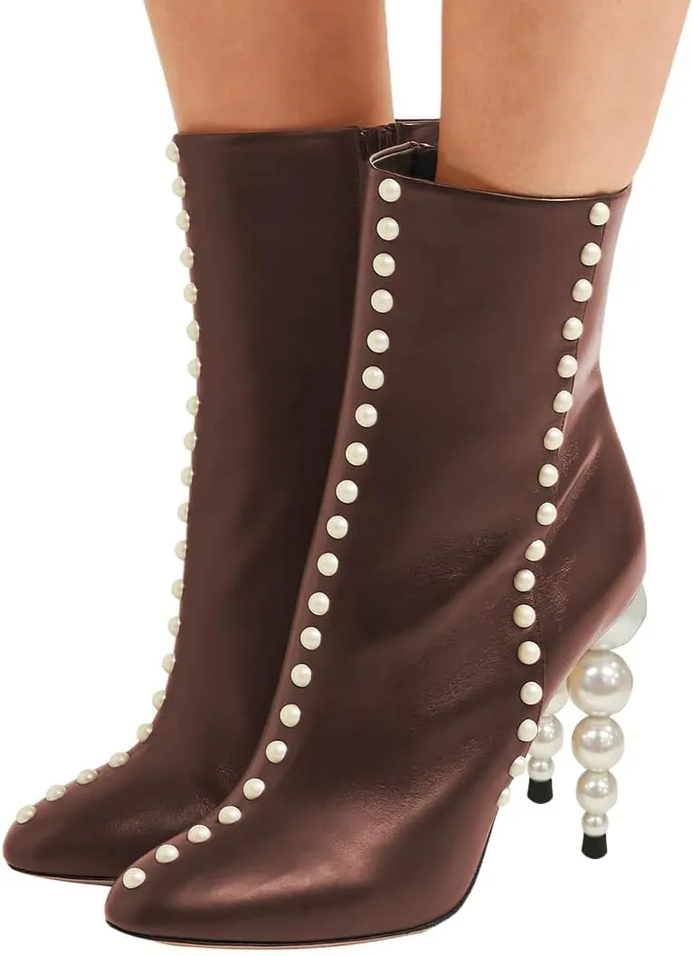 YDN Women Sexy Pearl Calf Boots Pointed Closed Toe Zipper Ankle Booties Slim High Heels Shoes Prom Party Bridal Size 4-16 US