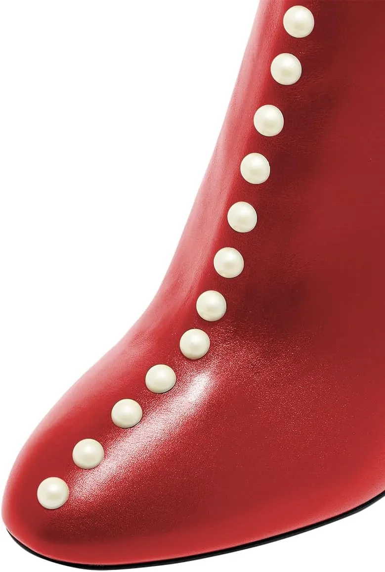 YDN Women Sexy Pearl Calf Boots Pointed Closed Toe Zipper Ankle Booties Slim High Heels Shoes Prom Party Bridal Size 4-16 US