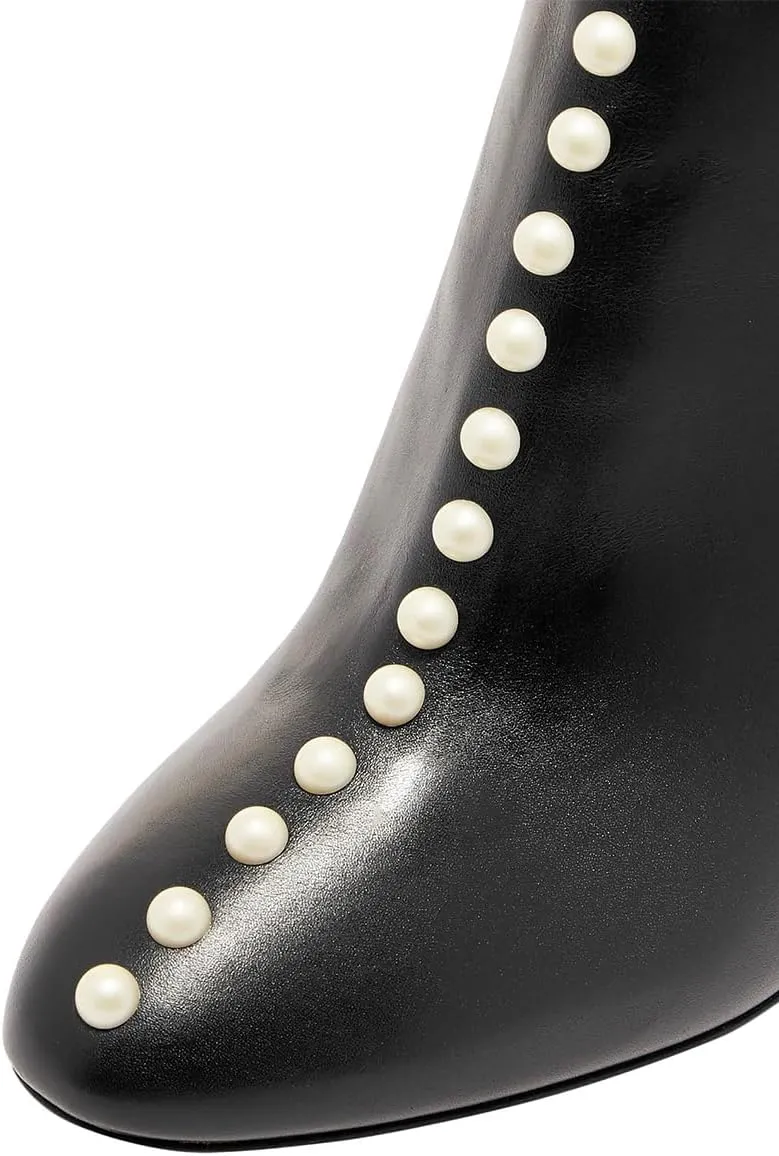 YDN Women Sexy Pearl Calf Boots Pointed Closed Toe Zipper Ankle Booties Slim High Heels Shoes Prom Party Bridal Size 4-16 US