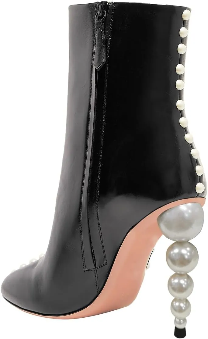YDN Women Sexy Pearl Calf Boots Pointed Closed Toe Zipper Ankle Booties Slim High Heels Shoes Prom Party Bridal Size 4-16 US