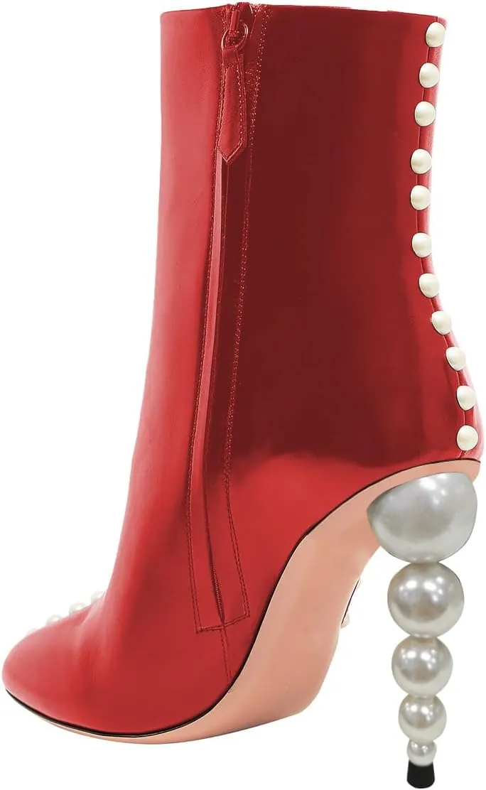 YDN Women Sexy Pearl Calf Boots Pointed Closed Toe Zipper Ankle Booties Slim High Heels Shoes Prom Party Bridal Size 4-16 US