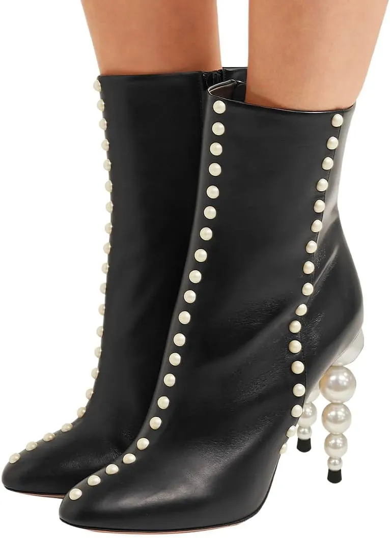 YDN Women Sexy Pearl Calf Boots Pointed Closed Toe Zipper Ankle Booties Slim High Heels Shoes Prom Party Bridal Size 4-16 US