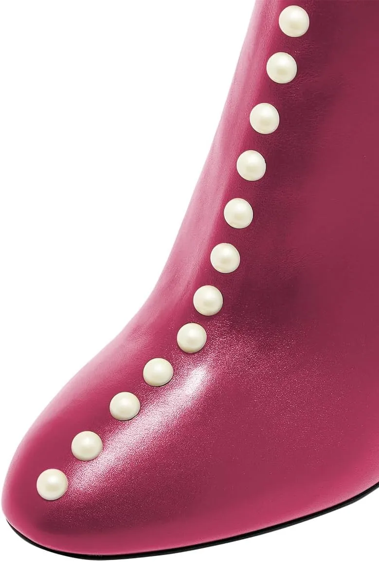 YDN Women Sexy Pearl Calf Boots Pointed Closed Toe Zipper Ankle Booties Slim High Heels Shoes Prom Party Bridal Size 4-16 US