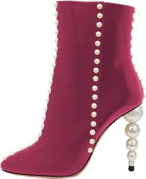 YDN Women Sexy Pearl Calf Boots Pointed Closed Toe Zipper Ankle Booties Slim High Heels Shoes Prom Party Bridal Size 4-16 US