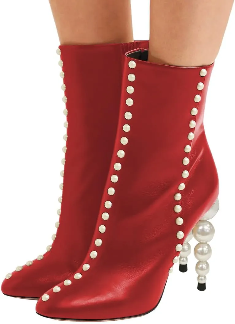 YDN Women Sexy Pearl Calf Boots Pointed Closed Toe Zipper Ankle Booties Slim High Heels Shoes Prom Party Bridal Size 4-16 US