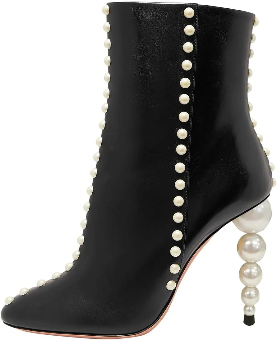 YDN Women Sexy Pearl Calf Boots Pointed Closed Toe Zipper Ankle Booties Slim High Heels Shoes Prom Party Bridal Size 4-16 US