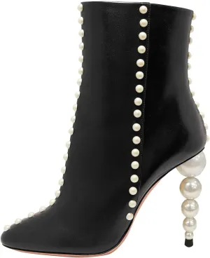 YDN Women Sexy Pearl Calf Boots Pointed Closed Toe Zipper Ankle Booties Slim High Heels Shoes Prom Party Bridal Size 4-16 US