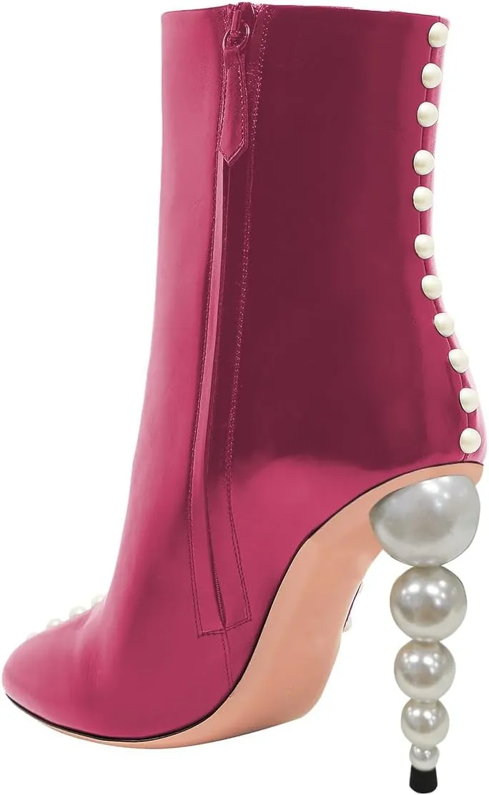 YDN Women Sexy Pearl Calf Boots Pointed Closed Toe Zipper Ankle Booties Slim High Heels Shoes Prom Party Bridal Size 4-16 US