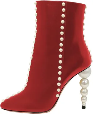 YDN Women Sexy Pearl Calf Boots Pointed Closed Toe Zipper Ankle Booties Slim High Heels Shoes Prom Party Bridal Size 4-16 US