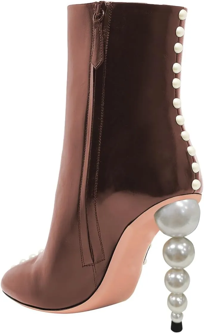 YDN Women Sexy Pearl Calf Boots Pointed Closed Toe Zipper Ankle Booties Slim High Heels Shoes Prom Party Bridal Size 4-16 US