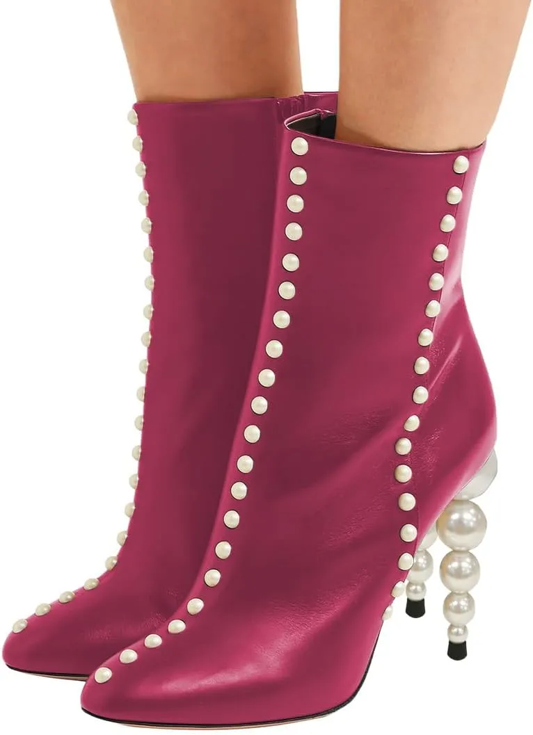 YDN Women Sexy Pearl Calf Boots Pointed Closed Toe Zipper Ankle Booties Slim High Heels Shoes Prom Party Bridal Size 4-16 US