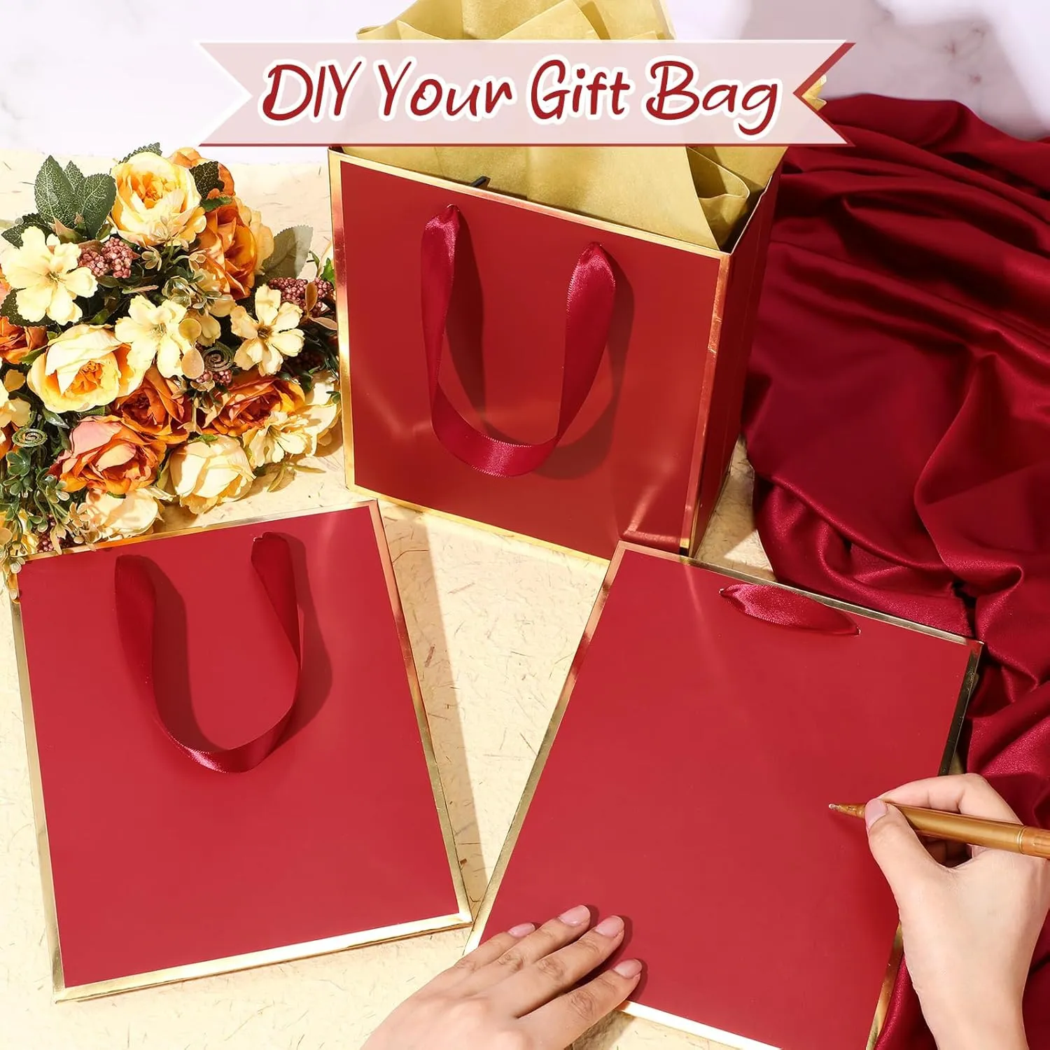 Yeaqee 10 Pack Metallic Paper Gift Bags with Handles Tissue Paper Thank You 5 Senses Gift Bags for Him Her Graduation Baby Shower Wedding Bridal Shower Groomsmen Favor 9 x 7 x 3.15''(Burgundy,Gold)
