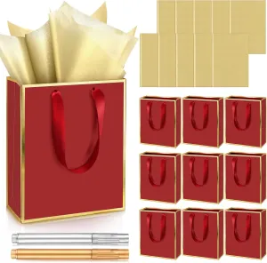 Yeaqee 10 Pack Metallic Paper Gift Bags with Handles Tissue Paper Thank You 5 Senses Gift Bags for Him Her Graduation Baby Shower Wedding Bridal Shower Groomsmen Favor 9 x 7 x 3.15''(Burgundy,Gold)