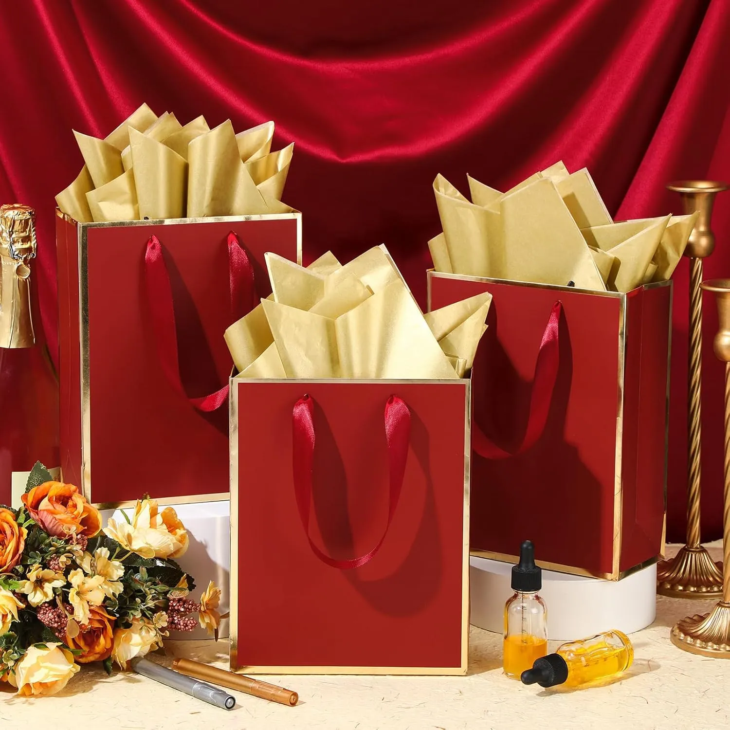 Yeaqee 10 Pack Metallic Paper Gift Bags with Handles Tissue Paper Thank You 5 Senses Gift Bags for Him Her Graduation Baby Shower Wedding Bridal Shower Groomsmen Favor 9 x 7 x 3.15''(Burgundy,Gold)