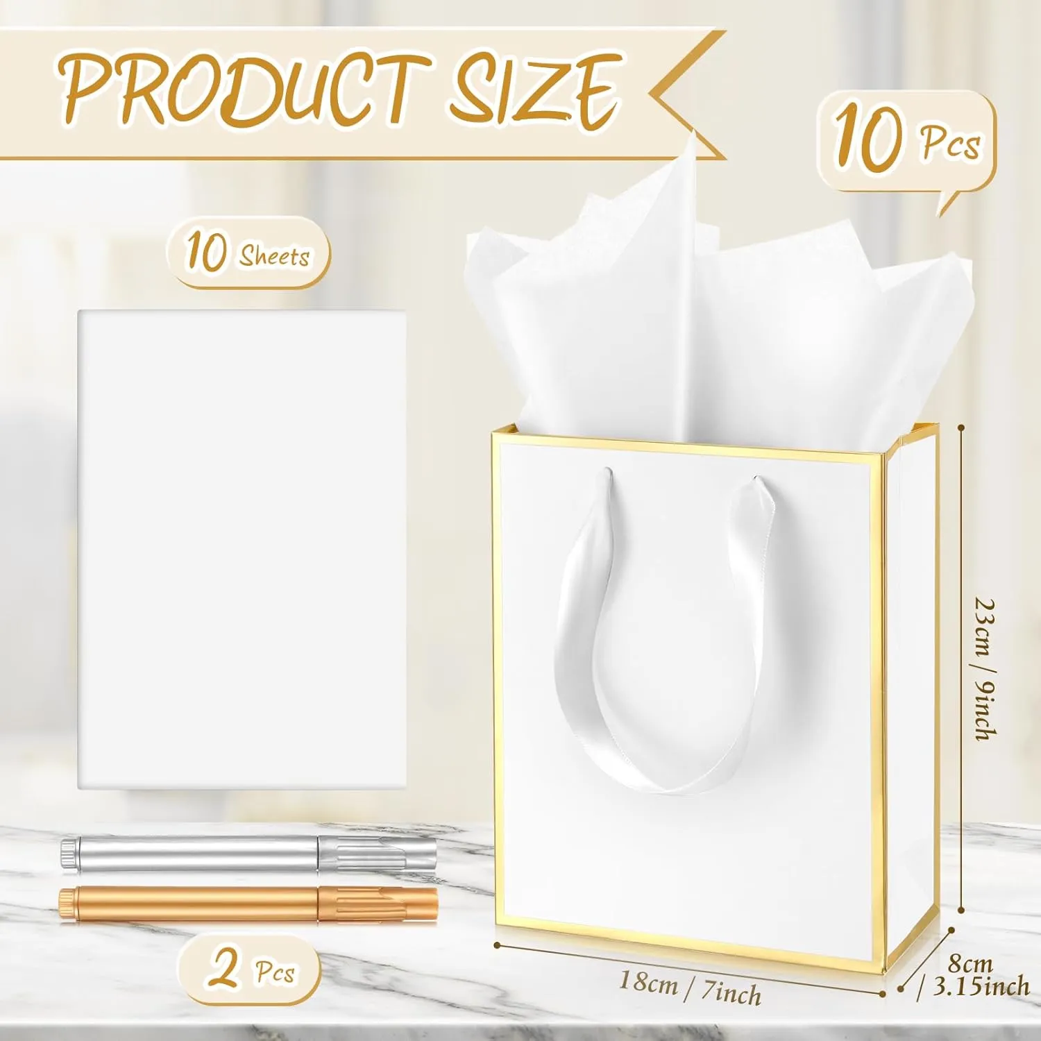 Yeaqee 10 Pack Metallic Paper Gift Bags with Handles Tissue Paper Thank You 5 Senses Gift Bags for Him Her Graduation Baby Shower Wedding Bridal Shower Groomsmen Favor 9 x 7 x 3.15''(White, Gold)