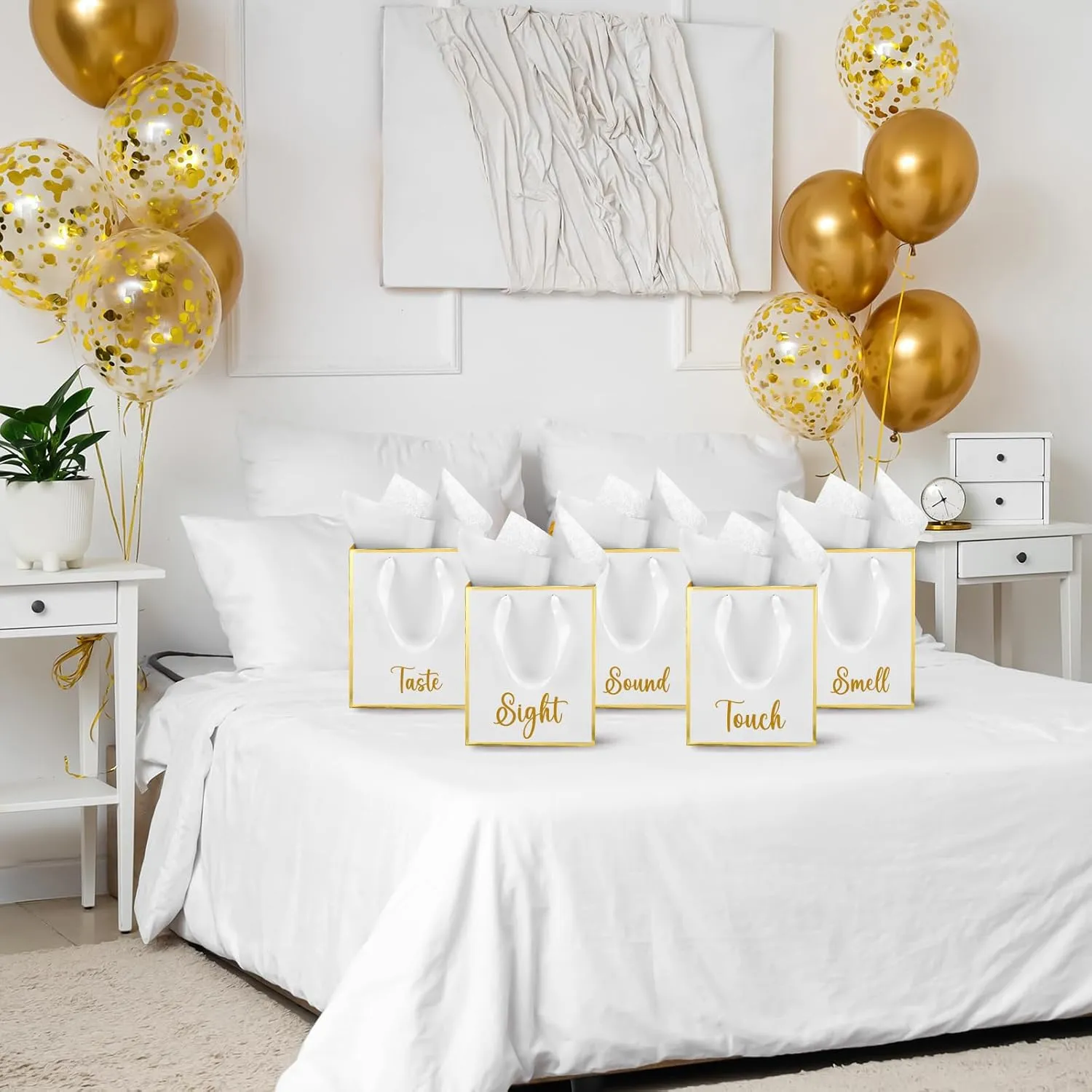 Yeaqee 10 Pack Metallic Paper Gift Bags with Handles Tissue Paper Thank You 5 Senses Gift Bags for Him Her Graduation Baby Shower Wedding Bridal Shower Groomsmen Favor 9 x 7 x 3.15''(White, Gold)