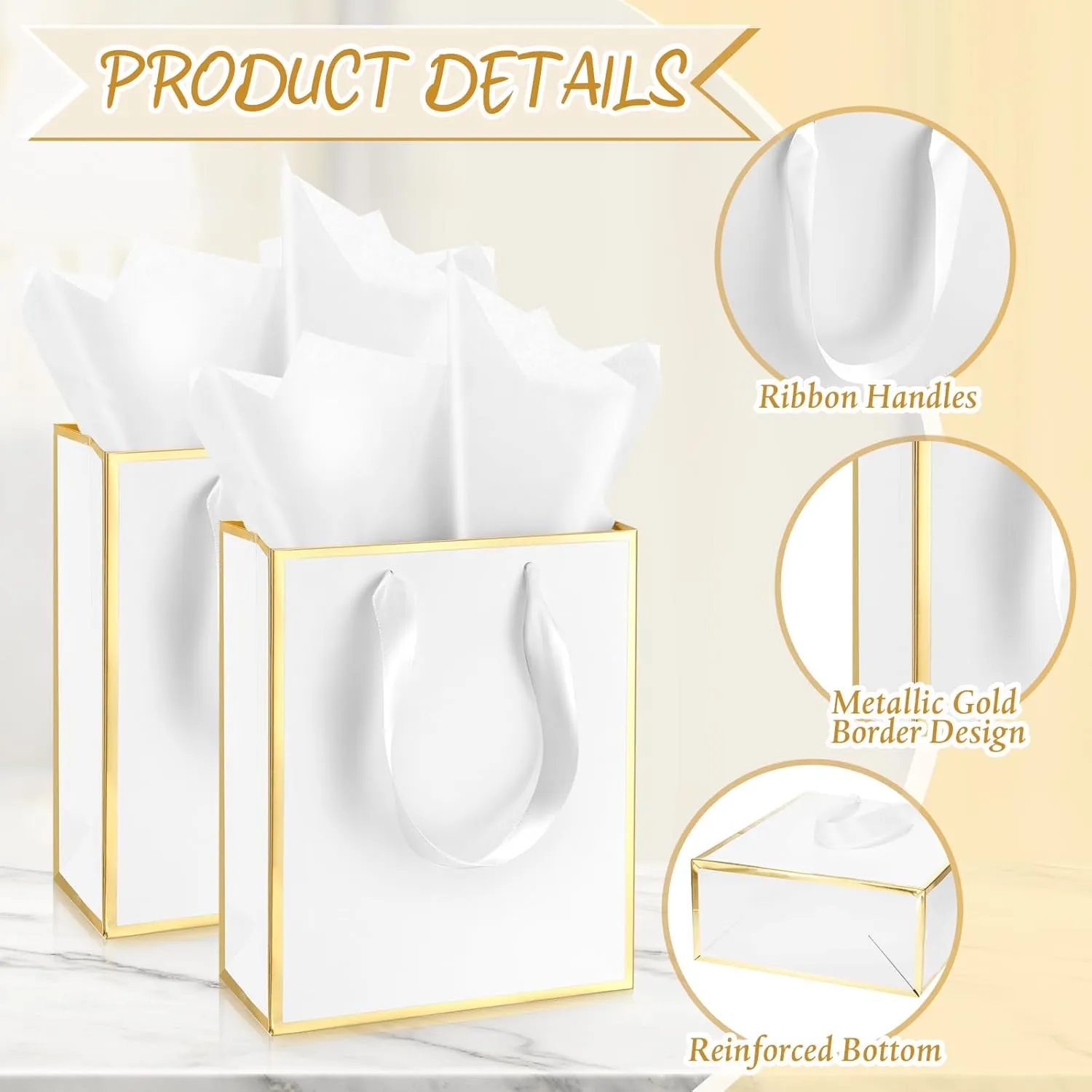 Yeaqee 10 Pack Metallic Paper Gift Bags with Handles Tissue Paper Thank You 5 Senses Gift Bags for Him Her Graduation Baby Shower Wedding Bridal Shower Groomsmen Favor 9 x 7 x 3.15''(White, Gold)