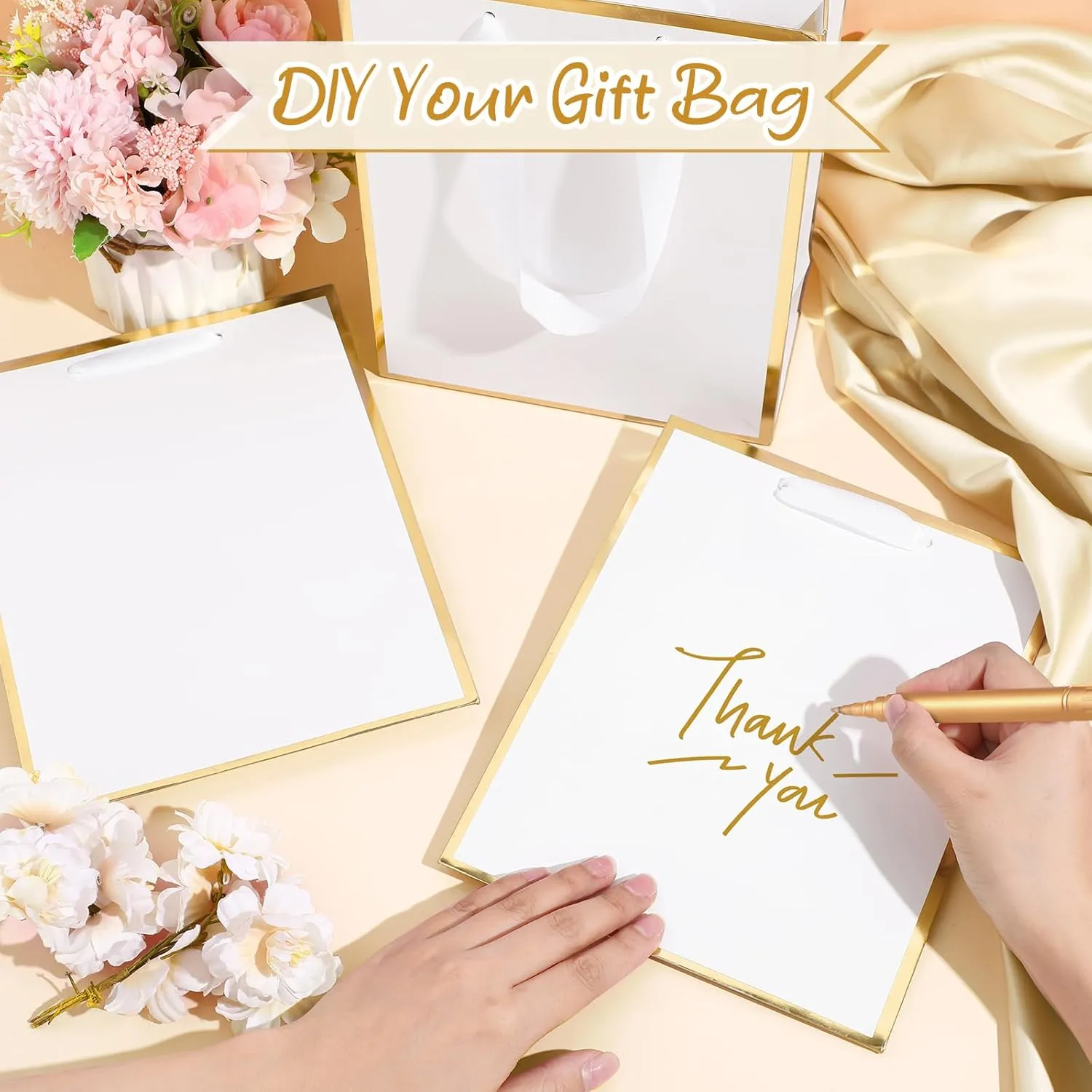 Yeaqee 10 Pack Metallic Paper Gift Bags with Handles Tissue Paper Thank You 5 Senses Gift Bags for Him Her Graduation Baby Shower Wedding Bridal Shower Groomsmen Favor 9 x 7 x 3.15''(White, Gold)