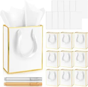 Yeaqee 10 Pack Metallic Paper Gift Bags with Handles Tissue Paper Thank You 5 Senses Gift Bags for Him Her Graduation Baby Shower Wedding Bridal Shower Groomsmen Favor 9 x 7 x 3.15''(White, Gold)
