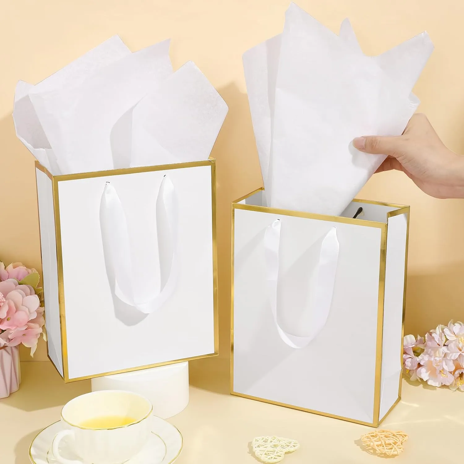 Yeaqee 10 Pack Metallic Paper Gift Bags with Handles Tissue Paper Thank You 5 Senses Gift Bags for Him Her Graduation Baby Shower Wedding Bridal Shower Groomsmen Favor 9 x 7 x 3.15''(White, Gold)