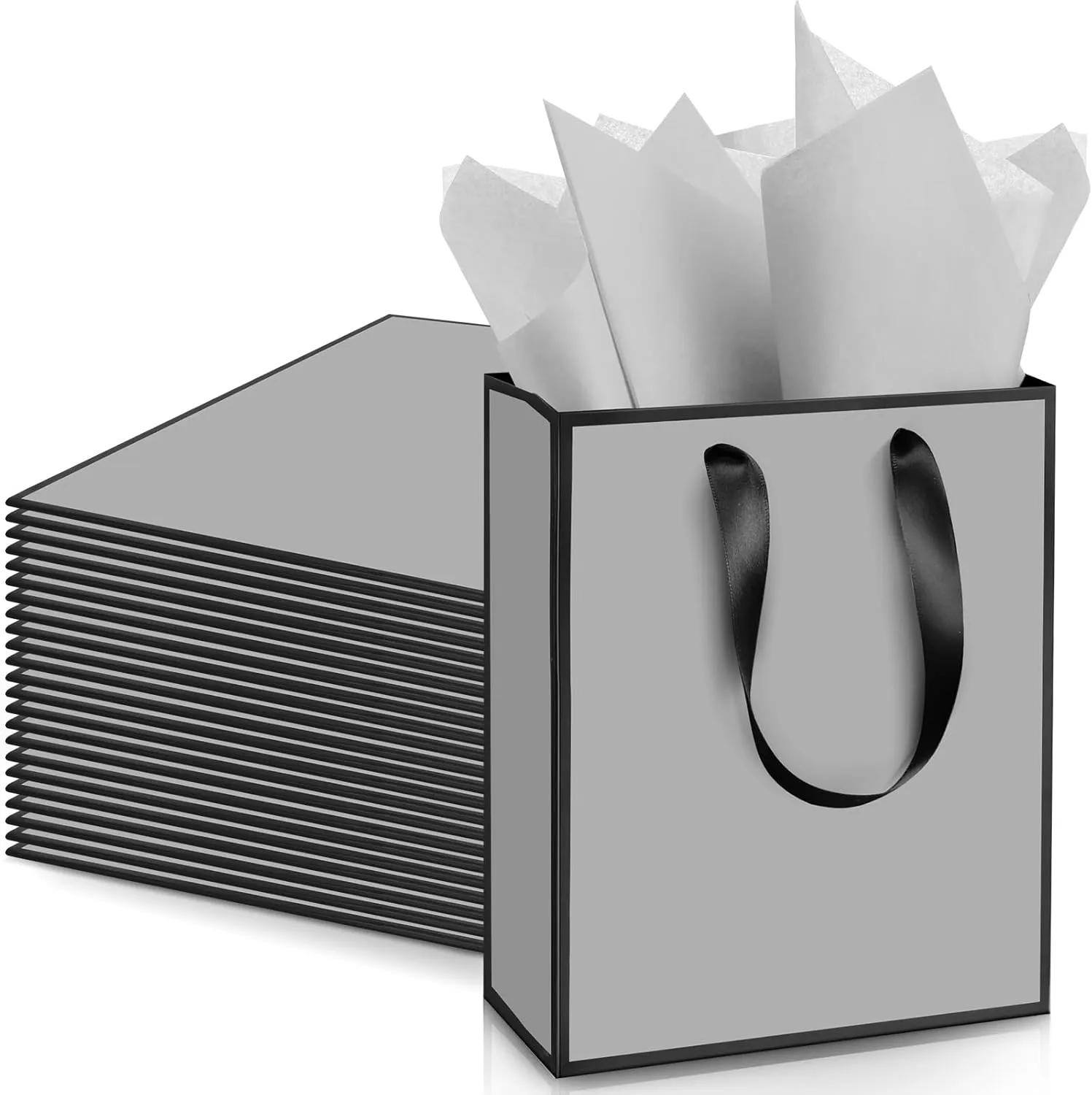 Yeaqee 24 Pack Metallic Paper Gift Bags with Handle and Tissue 9x7x3.1 Welcome Gift Thank You Bags for Wedding Bridal Shower Groomsmen Holidays Birthday Party(Gray, Black)