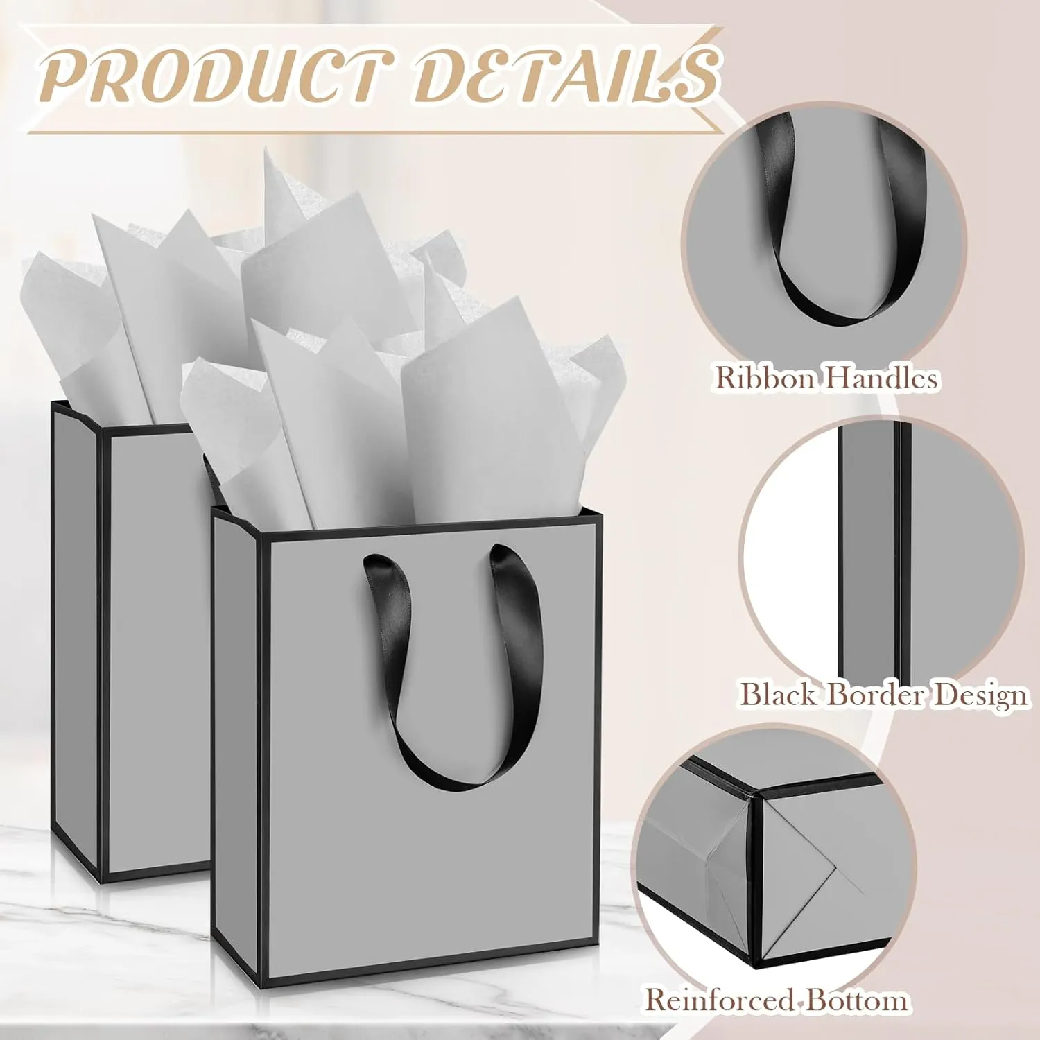 Yeaqee 24 Pack Metallic Paper Gift Bags with Handle and Tissue 9x7x3.1 Welcome Gift Thank You Bags for Wedding Bridal Shower Groomsmen Holidays Birthday Party(Gray, Black)