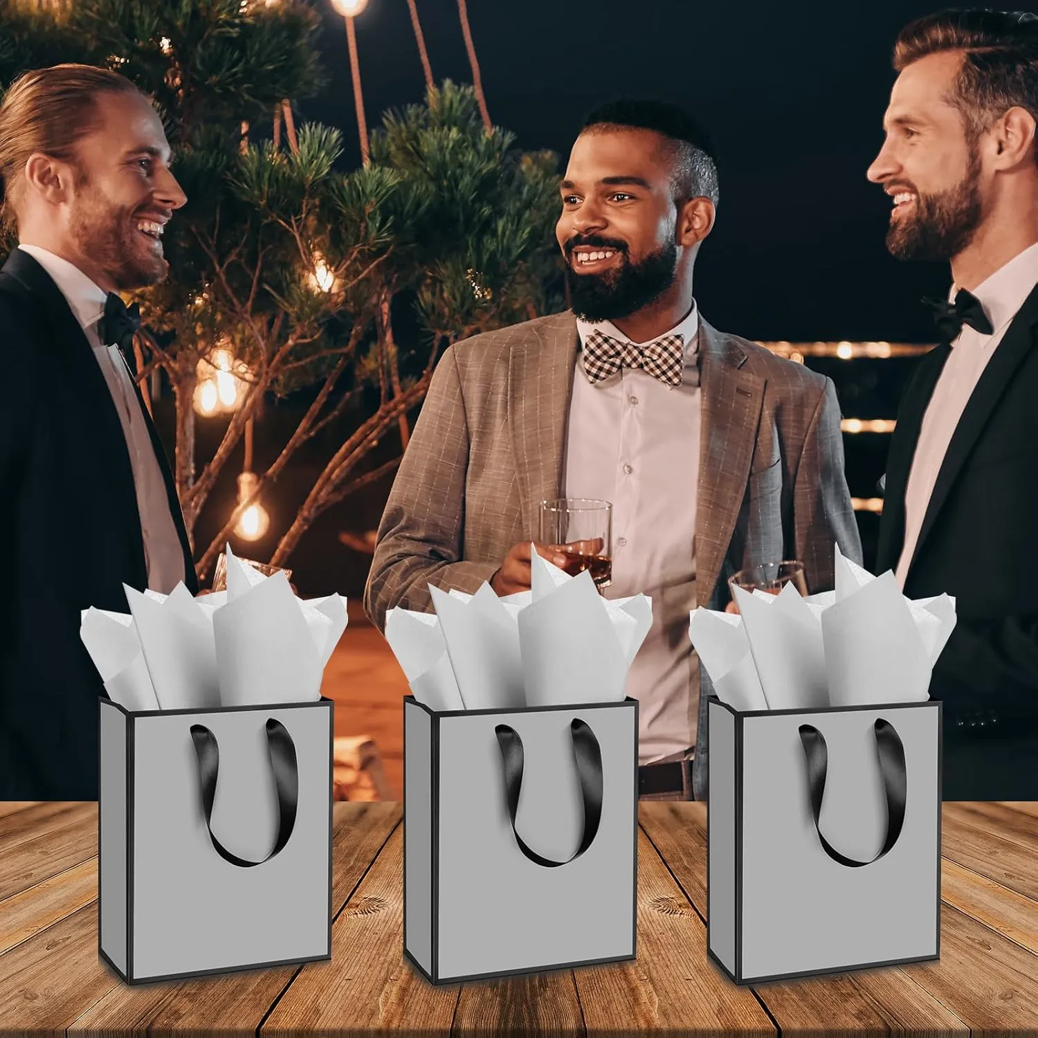 Yeaqee 24 Pack Metallic Paper Gift Bags with Handle and Tissue 9x7x3.1 Welcome Gift Thank You Bags for Wedding Bridal Shower Groomsmen Holidays Birthday Party(Gray, Black)