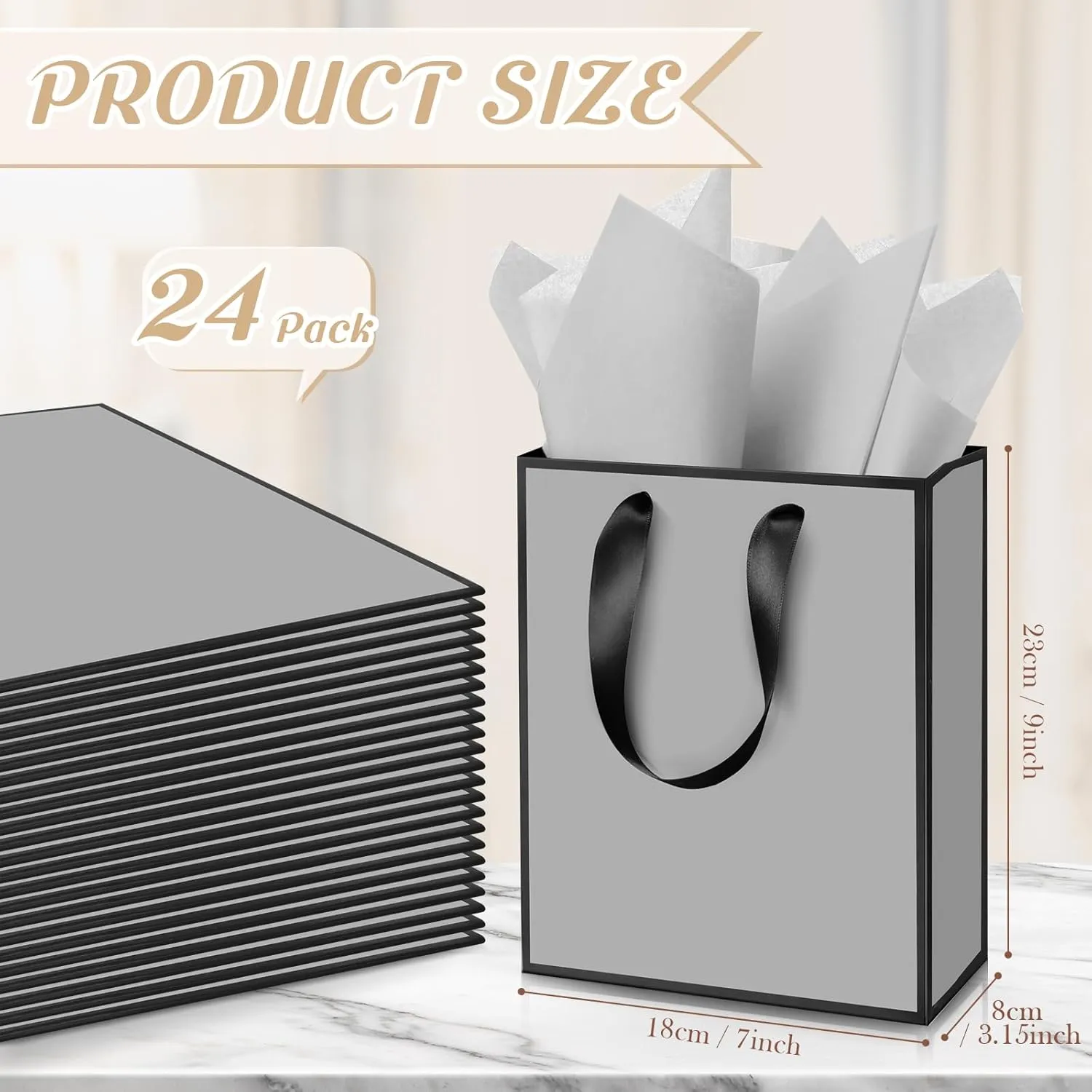 Yeaqee 24 Pack Metallic Paper Gift Bags with Handle and Tissue 9x7x3.1 Welcome Gift Thank You Bags for Wedding Bridal Shower Groomsmen Holidays Birthday Party(Gray, Black)